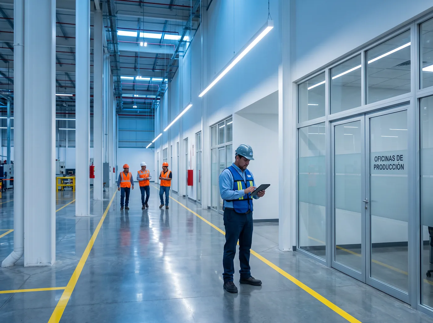 Pasillo común de unas instalaciones, con personal en tránsito y un supervisor revisando una tablet