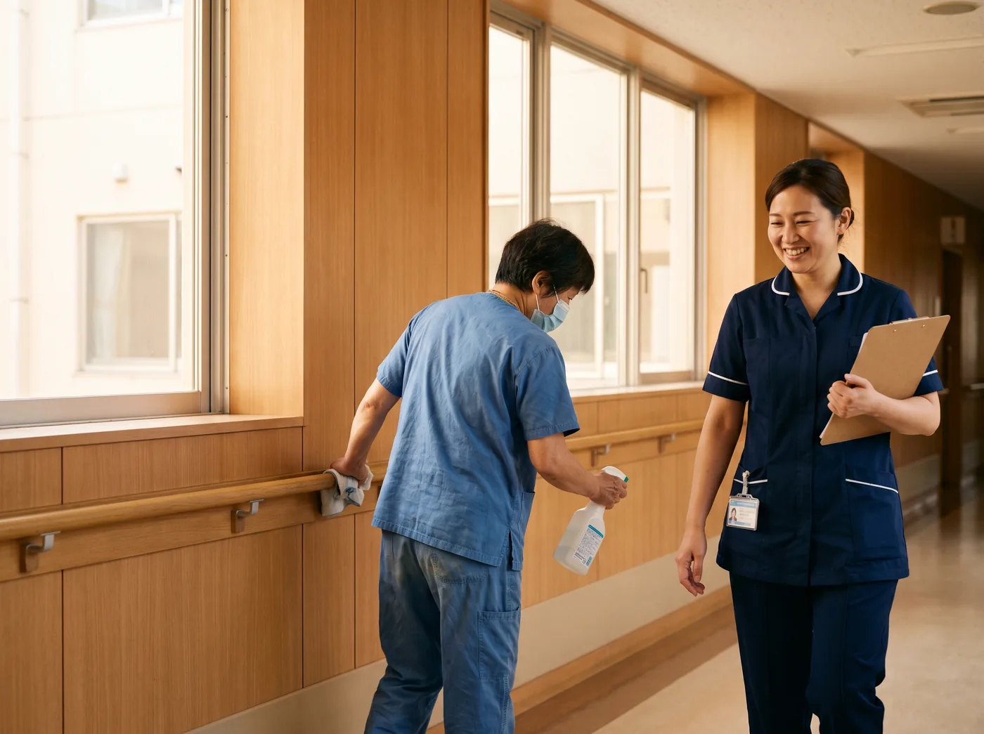 Trabajador de limpieza sanitizando un pasamanos en el pasillo de un hospital